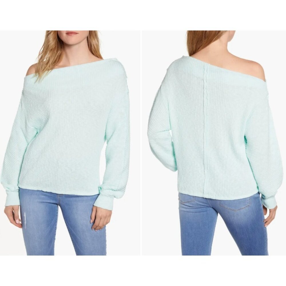Gibson Marilyn Off the Shoulder Womens Med Cozy Sweater Exposed Seams Mint Green